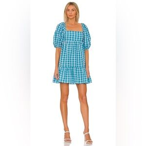 Amanda Uprichard Lucietta Dress‎ in Sutton Plaid Blue White Puff Sleeve babydoll